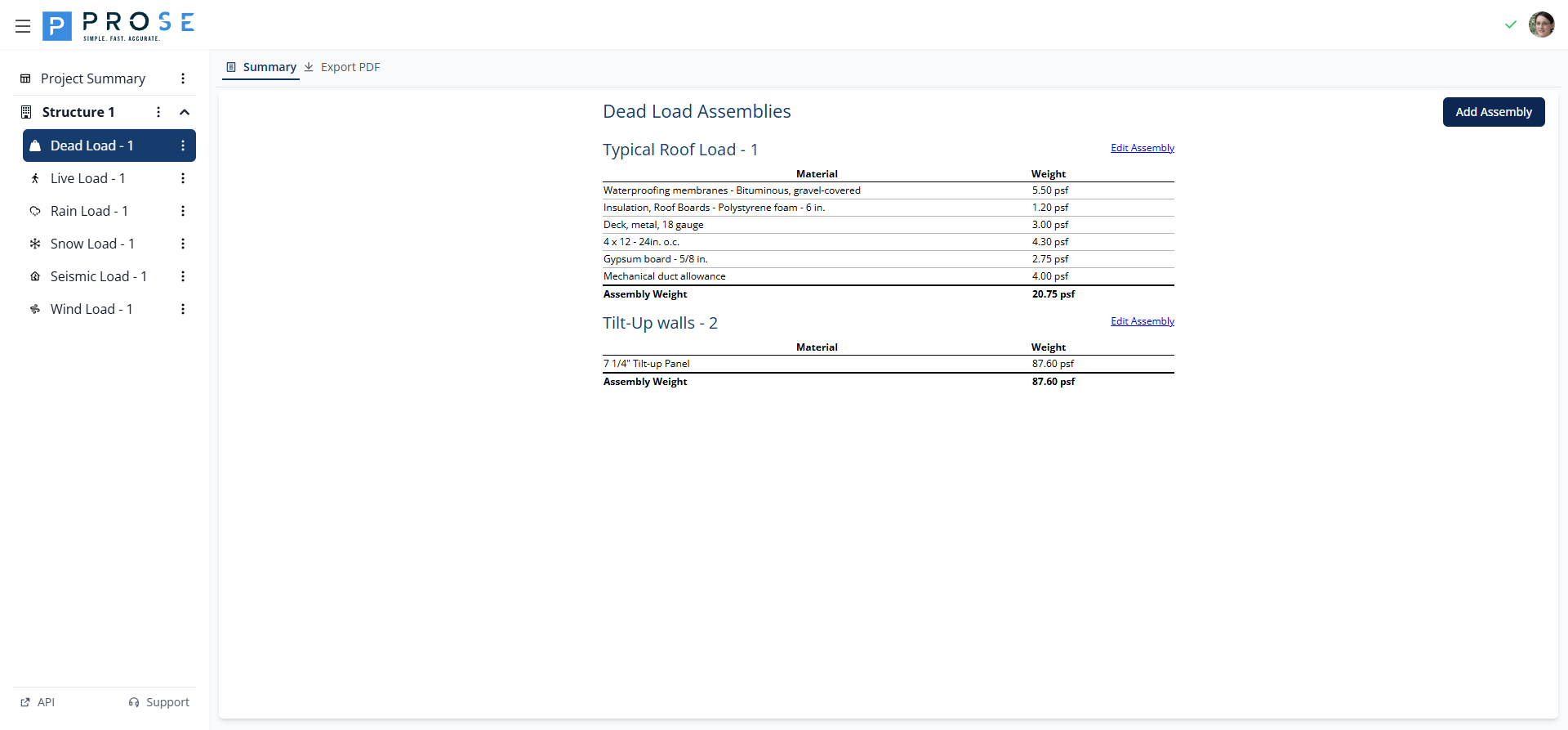 Dead Load Summary View